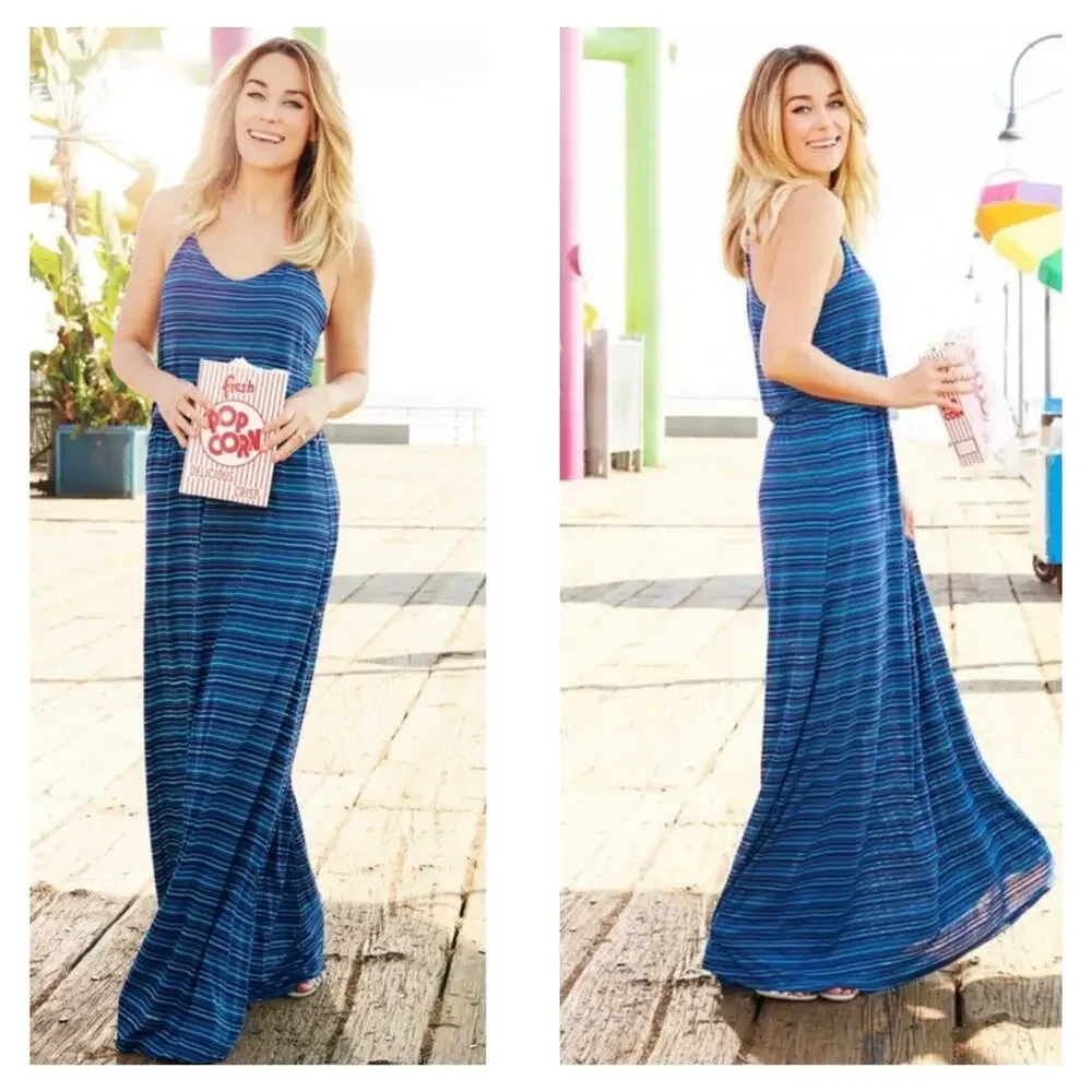 Lauren Conrad Womens Blue Striped Racerback Maxi Dress Size Small Casual Resort